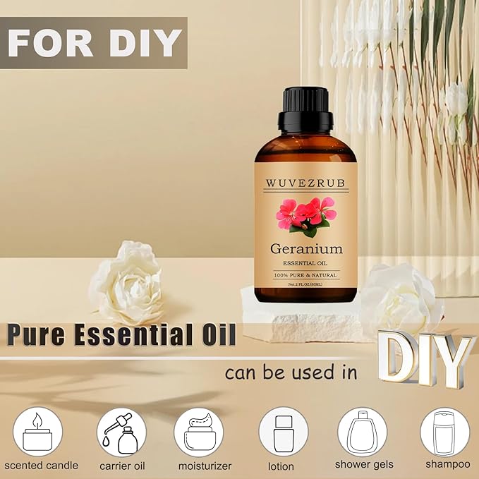 Geranium Essential Oil, 60ML Pure and Natural for Aromatherapy Diffuser - 2 Fl Oz