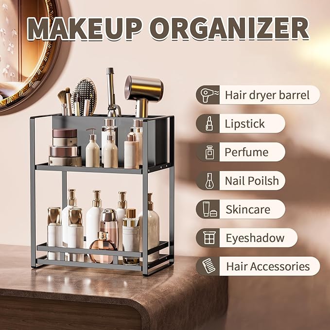 SanDream Hair Tool Organizer Bathroom Countertop, 2-Tier Metal Bathroom Organizer with Blow Dryer Holder, Large Capacity Space-Saving Vanity Shelf for Perfume, Skincare & Makeup Storage (Black)