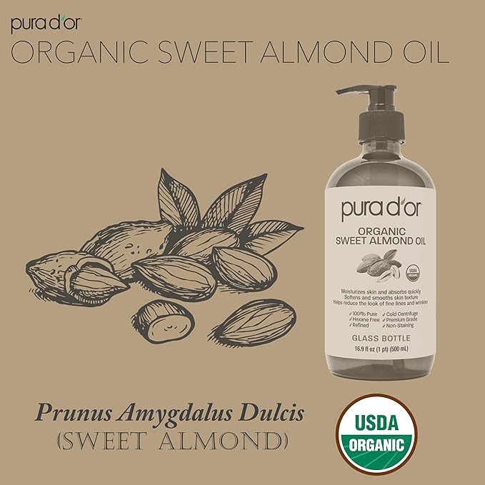 PURA D'OR ORGANIC Sweet Almond Oil (16.9 Oz GLASS BOTTLE) 100% Pure & Natural USDA Certified Cold Pressed Carrier Oil For DIY Beauty - Non-Greasy, Unscented, Hexane Free Moisturizer - For Hair & Skin