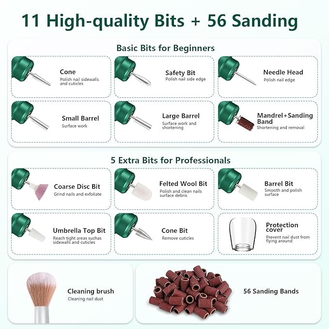 TUOBEO Cordless Nail Drill Electric Rechargeable File Kit, Professional Efile Acrylic Gel Nail Polish Remover Pedicure Manicure Machine Portable Set with 11 Bits 56 Sanding Bands Salon Blackish Green