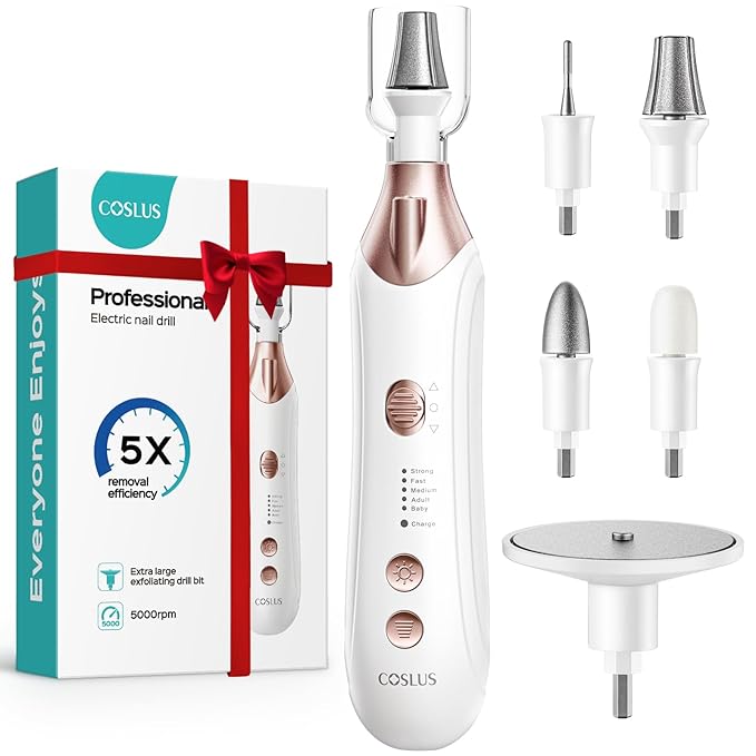 COSLUS C43 Professional Manicure Pedicure Kit, 5-in-1 Electric Nail File for Toenail Hand Feet Care - Wider Grinder for Thick Nails, Cordless, 5 Speed, for Men Women Seniors Home Salon, White (END10)