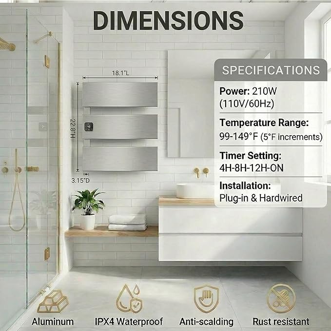 Electric Towel Warmer, Heated Towel Rack with Thermo Control and Timer, Fast Heating Towel Rail for Bathroom with Memroy Function, Work with Smart Plug, Left-Wiring, 3 Panel, Silver
