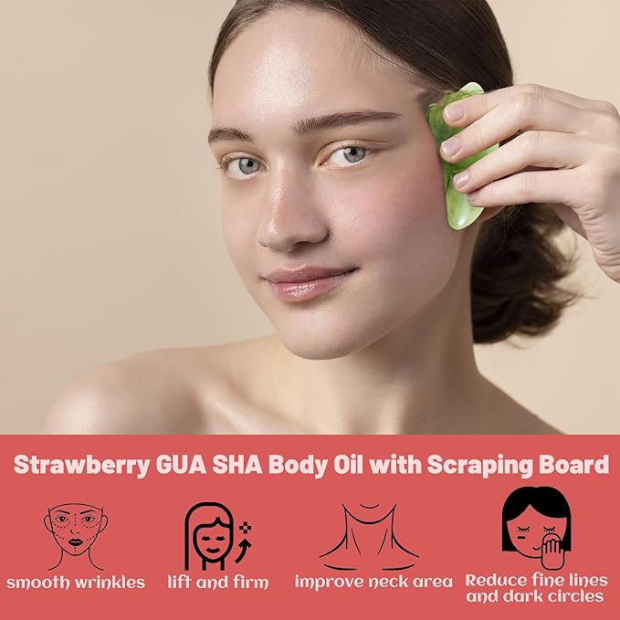 MR.A 2 Pack Strawberry Body Oil Juice Scented, Vitamin E Body Oil after Shower, Strawberry Shortcake Body Moisturizer Bath Oil for Dry Skin, Guasha Oil with Guasha Tool