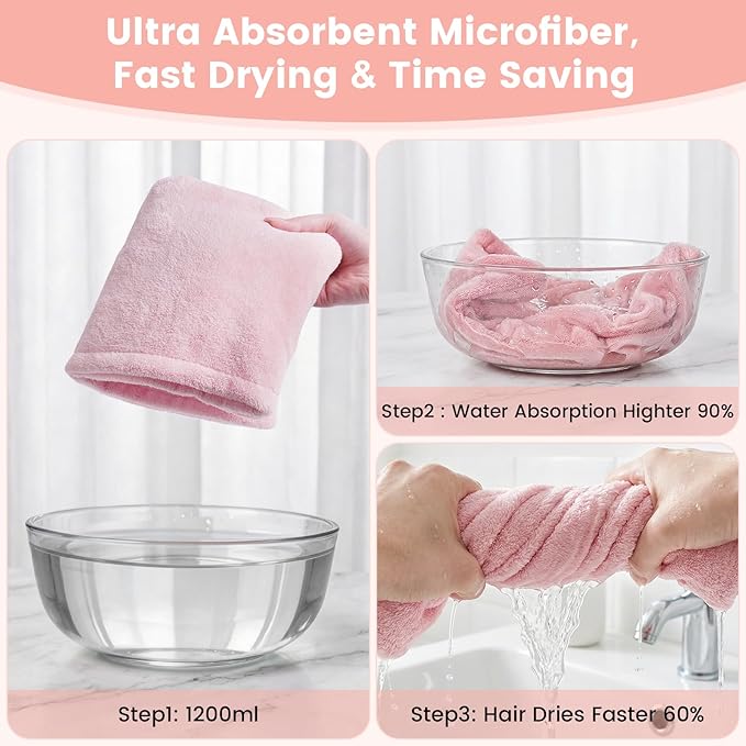 Microfiber Hair Towel Wrap for Women, 2 Pack Large Fast Drying Hair Towel Turban Shaped, Ultra Soft Thick Absorbent Anti-Frizz Towel for Curly Long Wet Hair, Durable Double Stitched Edges(Pink/Blue)