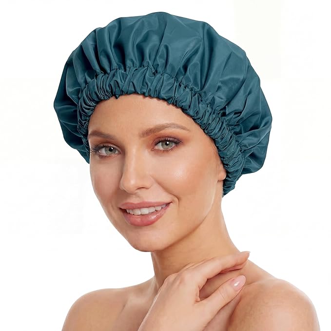 Reusable Shower Cap for Women, Large Waterproof Shower Bonnet with Elastic Band, Washable Bath Hair Cap for Long, Curly Hair, Braids, Daily Shower, Home Spa, Travel(Bamboo Moon Blue)
