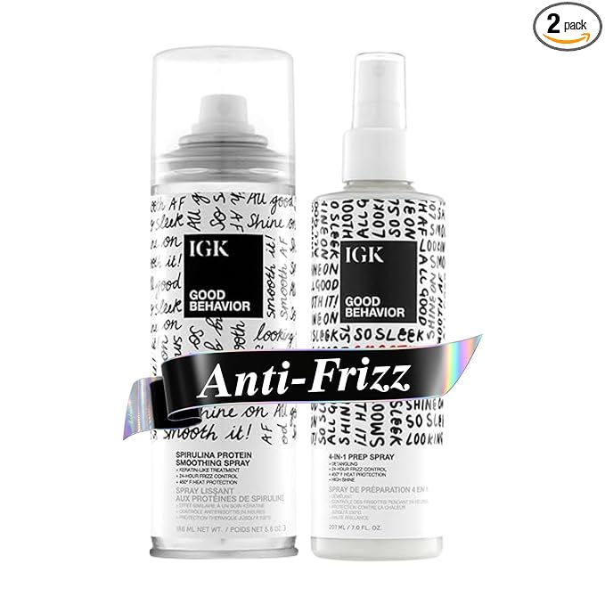 IGK GOOD BEHAVIOR Smoothing Frizz Fighters Set | 4-in-1 Prep Spray + Spirulina Protein Smoothing Spray | Frizz Control + Heat Protectant | Vegan + Cruelty Free