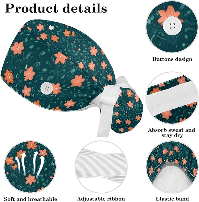 Scrub Caps Women Nursing Hats Floral Flowers with Buttons Ponytail Working Adjustable Pouch Tie Back