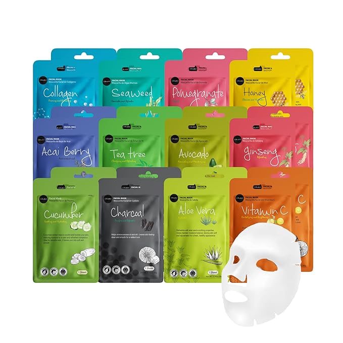 Celavi Essence Facial Sheet Face Mask Variety Set Classic Authentic Korean Moisturizing Skincare (Variation 1, 12 Count (Pack of 2))