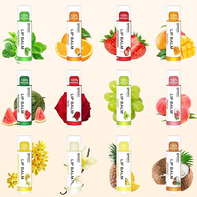 DMSKY Lip Balm 36 Pack, Natural Lip Balm Bulk with Vitamin E and Coconut Oil, Moisturizing Lip Care for Dry Chapped Lips, Party Favors-12 Flavors