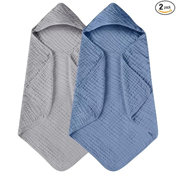 Yoofoss Hooded Baby Towels for Newborn 2 Pack 100% Muslin Organic Cotton Baby Bath Towel with Hood for Babies, Infant, Toddler and Kids, 32x32Inch, Soft and Absorbent Newborn Essential,Grey& Dark Blue
