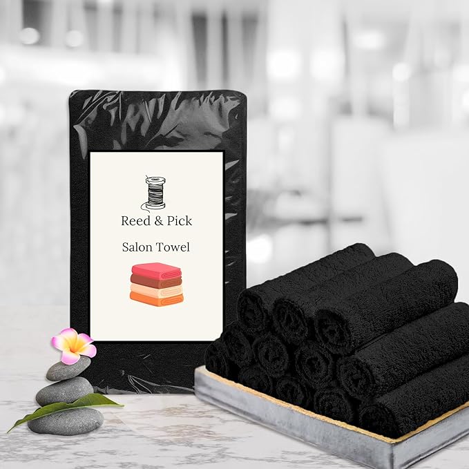 Reed&Pick Salon Towels – 50 Pack Black Hand Towels 100% Cotton Spa Towel – 16x27 inches Highly Absorbable Facial, Gym, Hair, Face, Bulk Small Towels