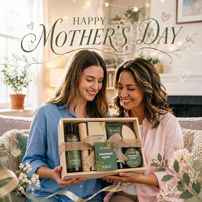 Mothers Day Spa Gift Set for Her - 6Pcs Bath and Body Kit with Shower Gel, Body Lotion, Bath Salt, Scrub, Massage Stick - Whispering Woods Spa Basket for Women Mom Wife Girlfriend
