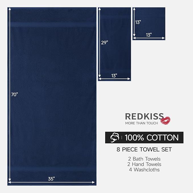 REDKISS Towels 8 Piece Luxury Bath Towel Set, 2 Bath Sheets (35x70 in), 2 Hand Towels, 4 Washcloths, 100% Cotton Super Absorbent & Quick-Dry Shower Towels for Bathroom Spa Gym Hotel Yoga - Blue