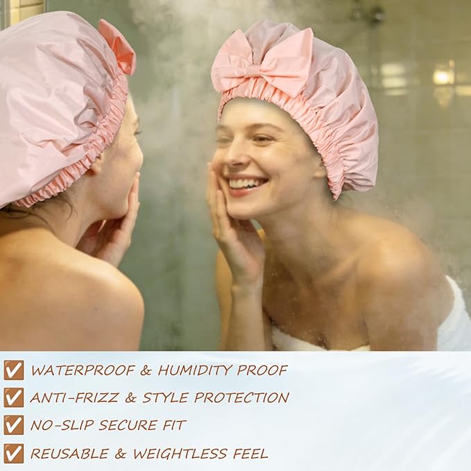Shower Cap for Women, Cute Bow Waterproof Reusable Bath Cap, Non-Slip Anti Humidity, Roomy Anti-Frizz for Short Medium Wavy Hair, Soft Elastic & Machine Washable, Pink