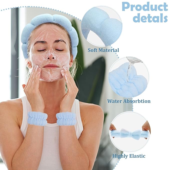 Blue Spa Headband and Wristband Set with Bow for Washing Face, Skincare, Makeup - Sponge Cloud Headband for Women Girls
