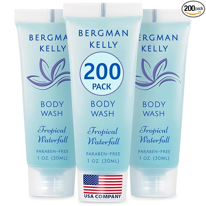 BERGMAN KELLY Travel Size Body Wash (1 fl oz, 200 PK, Tropical Waterfall), Delight Your Guests with an Invigorating and Refreshing Hotel Body Wash, Mini and Small Size Guest Hotel Toiletries in Bulk