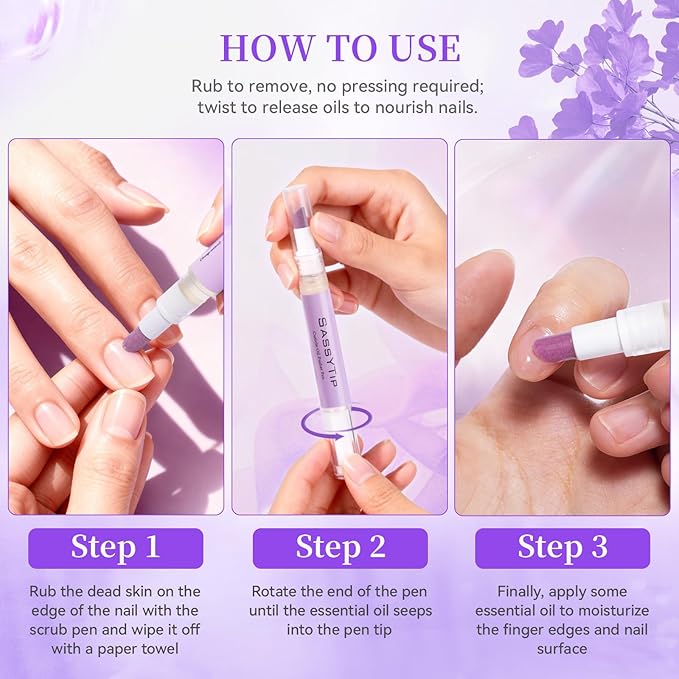Ceramic Cuticle Pusher & Oil Pen, 2ml Rose/Lavender/Fragrance Free Scented Nail Care Pen, Gentle Cuticle Remover for Dry & Damaged Nails, Moisturize Strengthen Brighten (Purple)