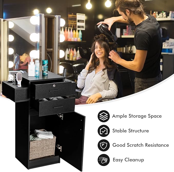 Giantex Salon Storage Cabinet, Locking Hair Styling Storage Organizer with 2 Drawers, 6 Hair Dryer Holders, Wooden Beauty Salon Spa Barber Station Hairdressing Equipment, Black (1)