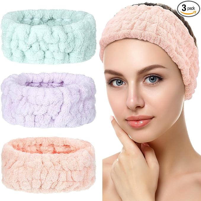 Chuangdi 3-Piece Spa Headband Set - Soft Terry Cloth Hairbands for Women's Facial Makeup, Washing, Face Mask, Spa & Shower - Light Orange, Purple, Green