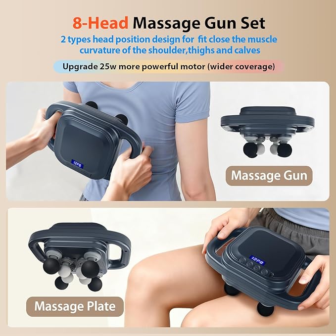 Massage Gun, Deep Tissue Percussion Massager with 9 Intensity Levels for Neck, Back, Shoulders, Legs Pain Relief & Recovery in Office, Family and Traveling (8 Head Massage Gun)