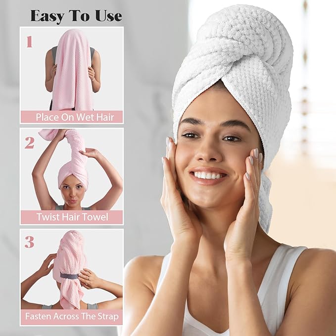MABAO 2 Pack Microfiber Hair Towel Wrap for Women, Quick Dry Hair Turban Towel with Elastic Band, Microfiber Plopping Towel for Curly Hair, Stocking Stuffers for Women(Pink, White)