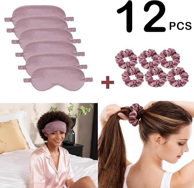 12Pcs Silk Sleep Masks Satin Eye Mask Silky Eyes Cover Blindfold Eyeshade Hair Ties Scrunchy Travel Bridesmaids Gifts