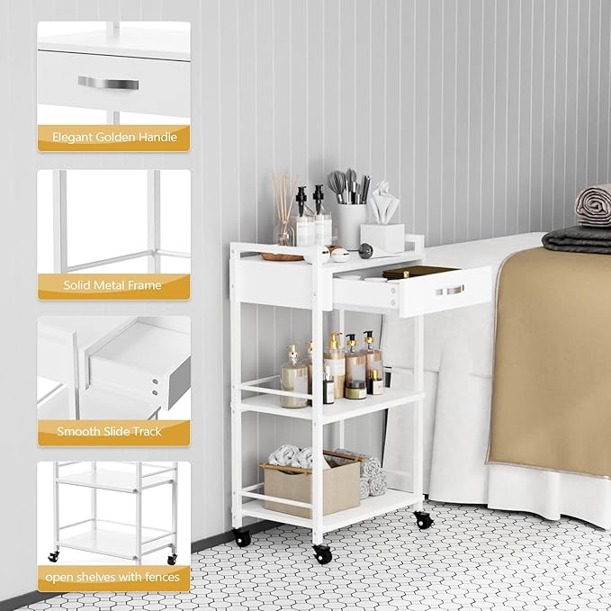 OmySalon Salon Trolley Cart with Wheels, Esthetician Cart with 1 Drawer & 2 Trays, Mobile Storage Organizer for Beauty Spa Massage Tattoo Esthetic Facial Tool Holder Station, White