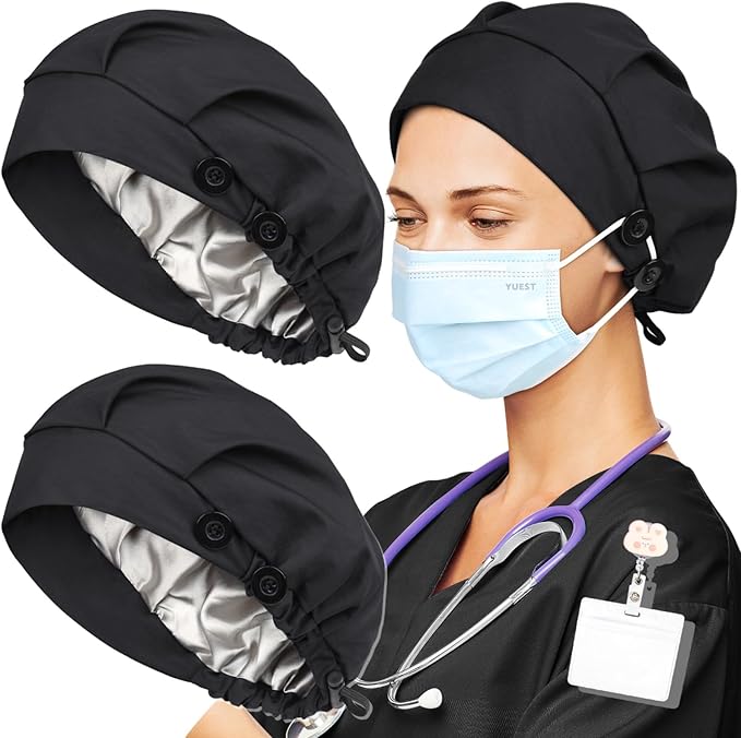 2 Pack Satin Lined Bouffant Scrub Caps with Buttons, Adjustable Scrub Caps for Women Men