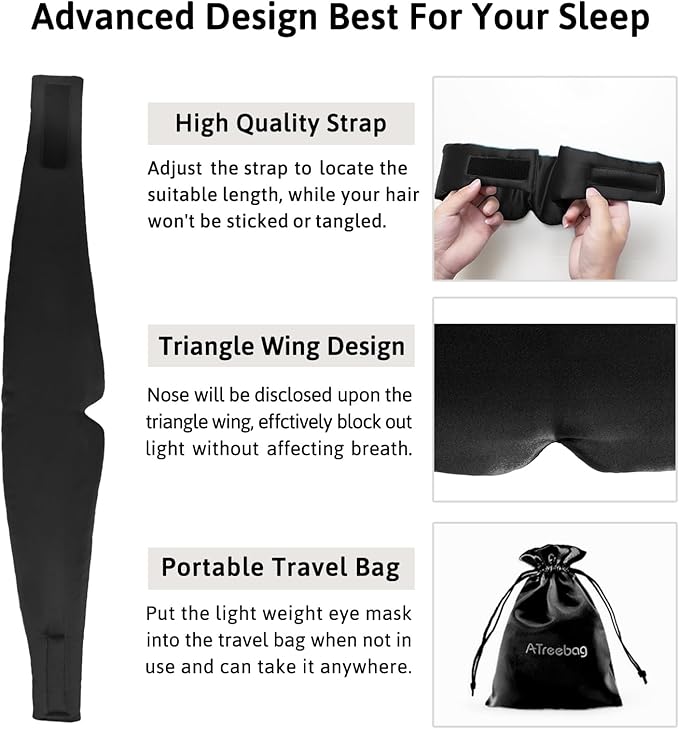 Silk Sleep Mask for Women Men, Mulberry Silk Eye Sleeping Mask & Blindfold with Adjustable Strap, Blackout Eye Cover for Sleep Travel Yoga Nap, Large Size, Black