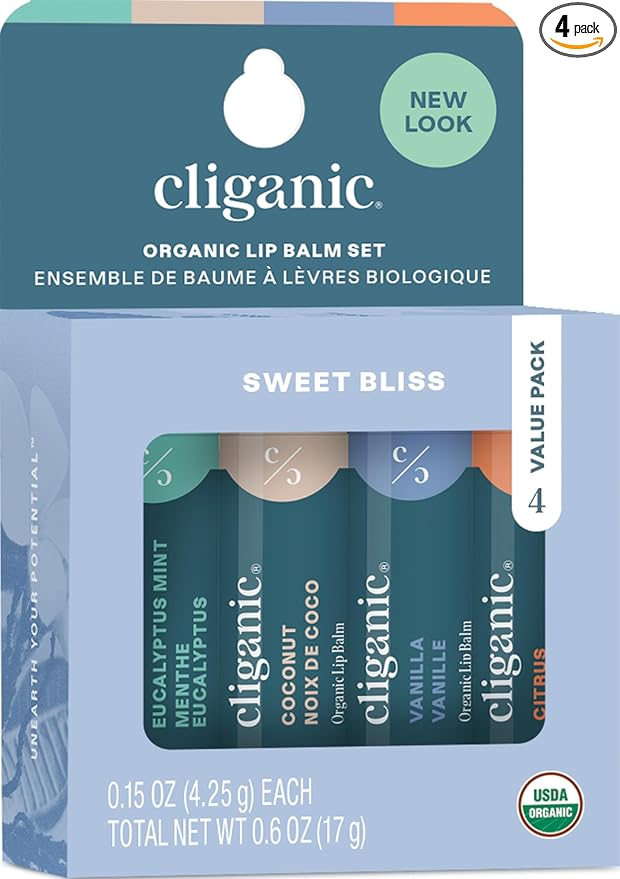 Cliganic Organic Lip Balm Set - 4 Flavors - Natural Hydrating for Cracked & Dry Lips