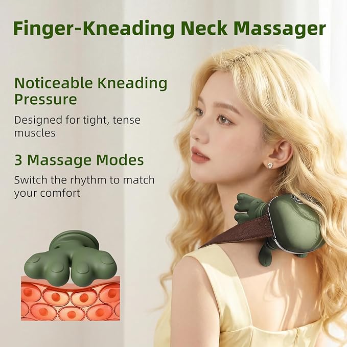 Neck Massager with Finger Kneading, Deep Tissue Neck & Shoulder Massager, 4D Palm-Kneading Massage with Heat, Wearable Strap, Gentle Warmth for Stress & Tension Relief