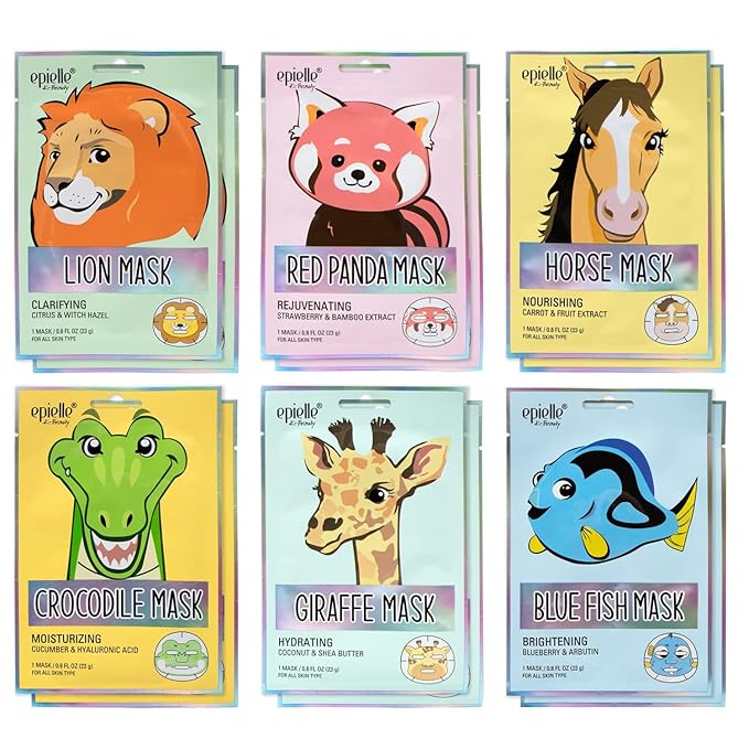 Epielle Character Face Mask Wild Kingdom 12 Pack, Fun & Effective Korean Skin Care, Spa Party Favors, Mothers Day Gifts, Birthday Gifts for Women, Self Care Gifts