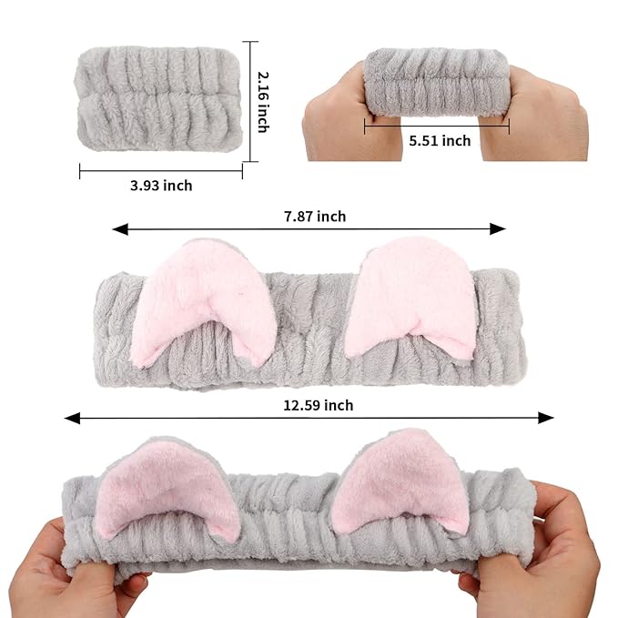 AMCAMI 6 Pcs Spa Set, Cute Make Up Cat Ears Headband Plush Animal Makeup Skincare Headbands with Face Washing Wristband for Women