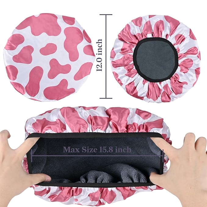 Hot Pink Cow Print Satin Shower Cap, Three-Layer Terry Cloth Lined, with Silk Hair Ties, Microfiber Waterproof Reusable Large Size Shower Cap for Women Long Thick Hair