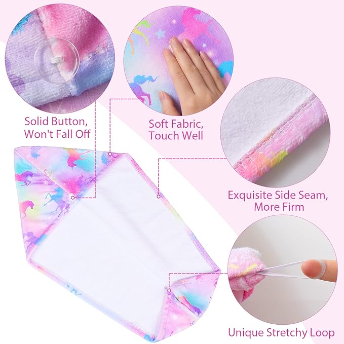 Basumee Microfiber Hair Towel Wrap for Kids 2 Pack Rapid Drying Hair Towel with Button Hair Turbans for Wet Hair Wraps Head Towel Wrap for Women and Girls, Colorful Unicorn