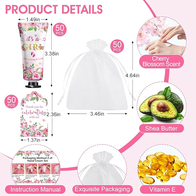 KONEUK 50 Pack Bulk Hand Cream Sets, Bridal Shower Favors, Appreciation Gifts and Baby Shower Favors for Guests with Thank You Card and Organza Gift Bags, Wedding Party Favors (Baby Girls)