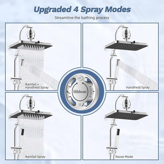 Hibbent 5-spray Filtered Rainfall Shower Head Combo, High Pressure 13'' Showerhead with Stainless Steel 4 Spray Modes Handheld, All Metal 4-way Diverter Arm with Pause Mode, 71'' Hose & Holder, Chrome
