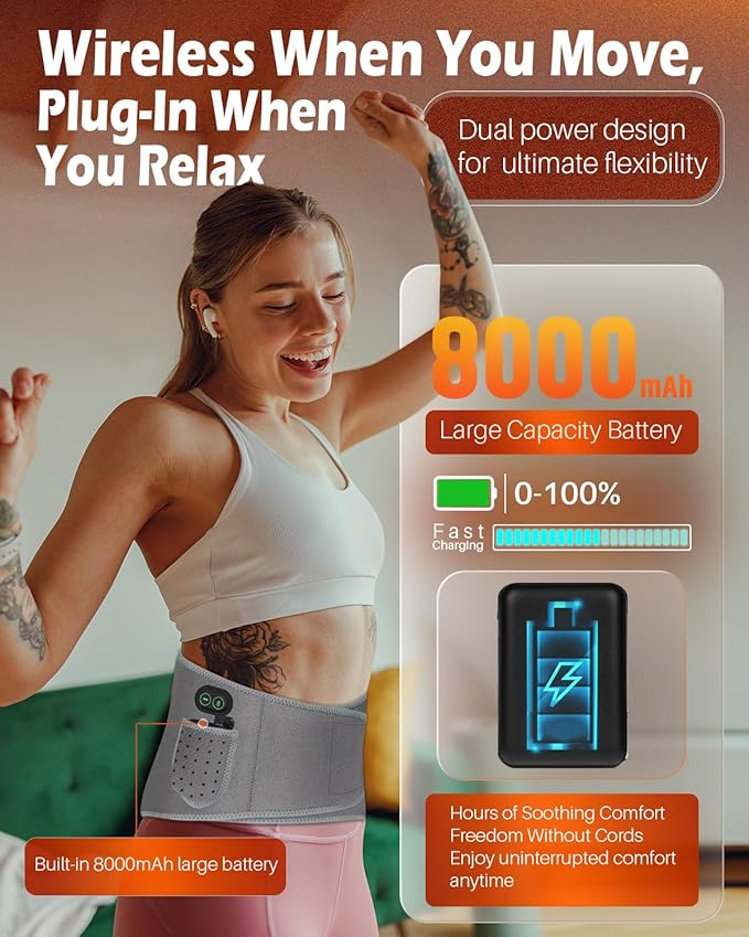 Cordless Heating Pad with Massager for Back Pain Relief,3 Heat & 3 Vibration Modes,Portable 8000mAh Rechargeable Wireless Lower Back Massager for Cramps,Birthday Gifts for Women Men Seniors Mom Dad