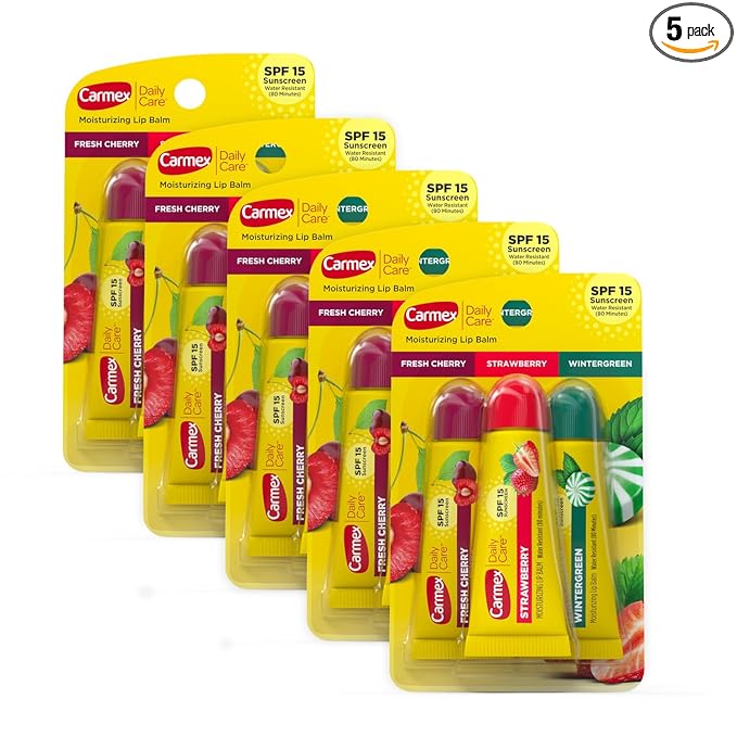 Carmex Daily Care Moisturizing Lip Balm Tubes with SPF, Fresh Cherry, Strawberry and Wintergreen Lip Balm Pack, 0.35 OZ - (5 Packs of 3)