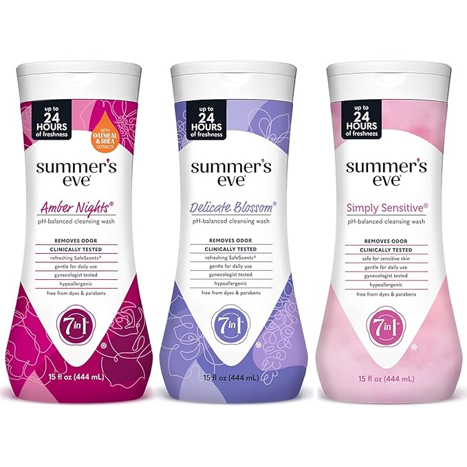 Bundle of Summer's Eve Delicate Blossom, Simply Sensitive, + Amber Nights Daily Refreshing All Over Feminine Body Wash, Removes Odor, Feminine Wash pH Balanced, 15 fl oz