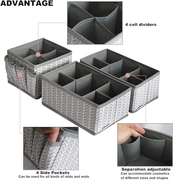 VERONLY Cosmetic Storage Bins Makeup Organizer, Adjustable Multifunction Storage Box Desk Drawer Divider for Makeup Brushes, Bathroom Countertop or Dresser, Set of 3 (Grey)