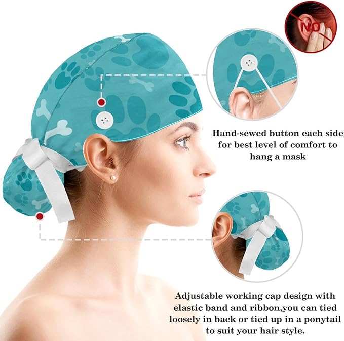 Ethnic Aztec Pattern Adjustable Scrub Cap Hat with Button, Working Hat Sweatband with Bow Hair Scrunchy for Woman