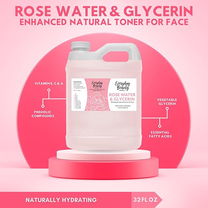 Rose Water & Glycerin Enhanced Facial Toner - 32oz Bulk Alcohol-Free Vegan All Natural Refreshing for Face and Hair - Uplifts, Calming & Soothing for All Skin Types…