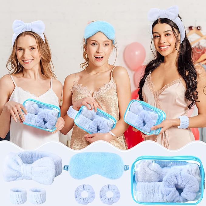 Hoteam 10 Pcs Spa Party Supplies Gift for Mother's Day Sleepover Party Favor Spa Headband Wristband Sleep Eye Mask Velvet Scrunchies for Skin Care Makeup Slumber Night Favor(Blue)
