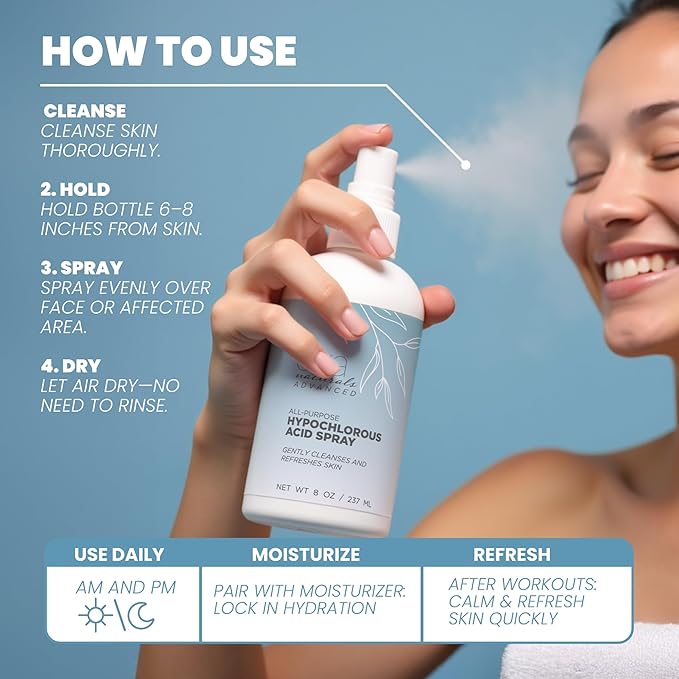 Hypochlorous Acid Spray for Face & Body, HOCl Facial Cleanser Mist with Electrolyzed Water, Daily Toner Formula for Sensitive & All Skin Types, Helps Reduce Redness, Irritation, Breakouts