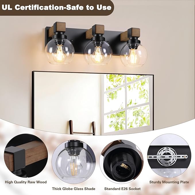 Farmhouse Bathroom Light Fixtures, 3-Light Rustic Wood Bathroom Lights Over Mirror with Glass Globe Shades, Matte Black Wall Mounted Lamp Vanity Lights for Bathroom Bedroom Living Room Cabinet