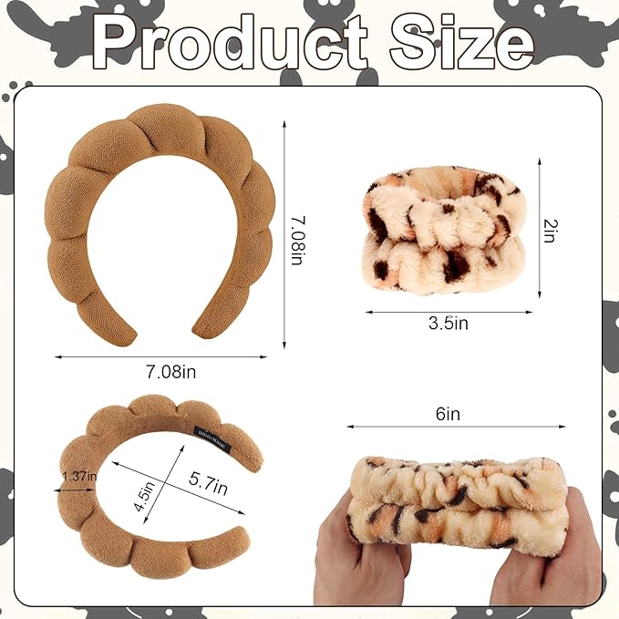 Zkptops 6Pcs Spa Headband for Washing Face Wristband Set Sponge Makeup Skincare Terry Cloth Headband Bubble Soft Cat Ears Hairband Women Puffy Padded Headwear Non Slip Hair Accessory(Khaki)
