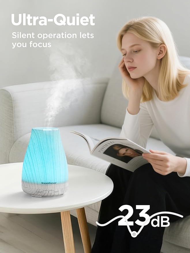 InnoGear Essential Oil Diffuser, Ultrasonic Diffusers for Home Aromatherapy Humidifier for Mother's Gift Bedroom Room 7 Colors LED 2 Mist Mode Auto Off, White Grey