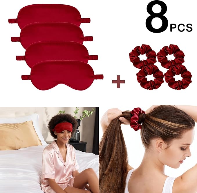 Satin Eye Mask 8Pcs Silk Sleep Masks Silky Blindfold Eyeshade Blackout Eyes Cover Scrunchies Hair Ties Travel Wedding Gifts