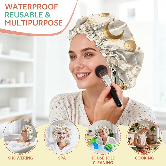 Shower Cap Reusable Double Layer Adjustable Elastic Waterproof EVA Hair Bath Caps for Women Girls Cute Aesthetic-Sun